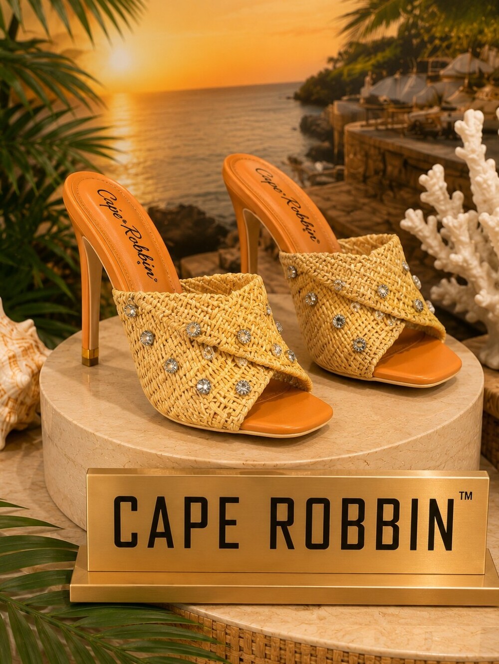 Cape Robbin Women's Beige Woven Rhinestone Mule Heels